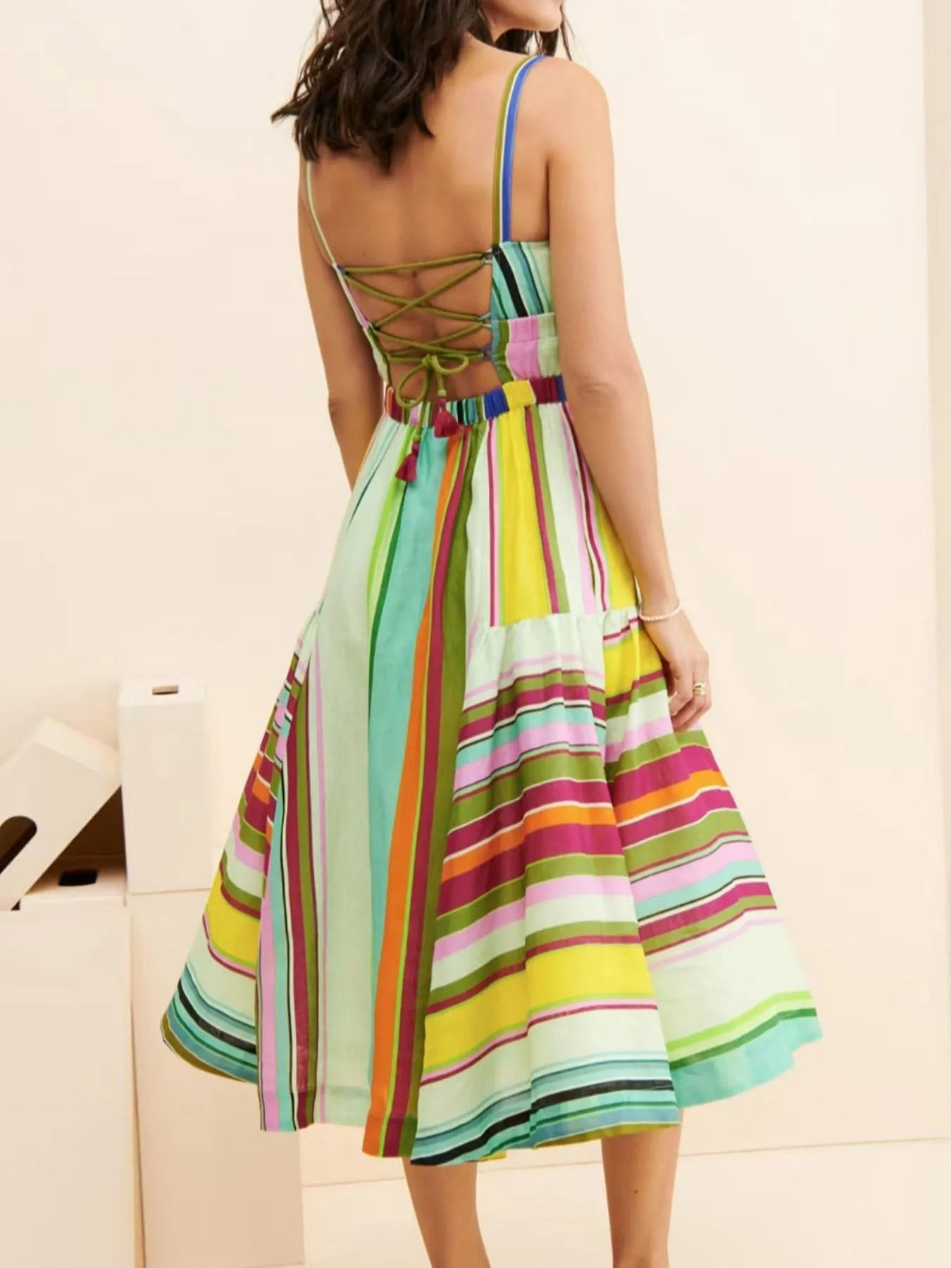 Colorful Striped Spaghetti Strap Midi Dress - adritiX