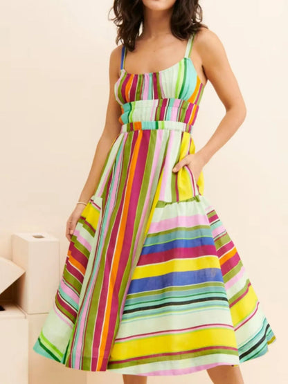 Colorful Striped Spaghetti Strap Midi Dress - adritiX