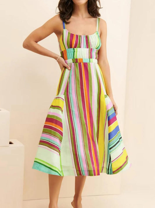 Colorful Striped Spaghetti Strap Midi Dress - adritiX