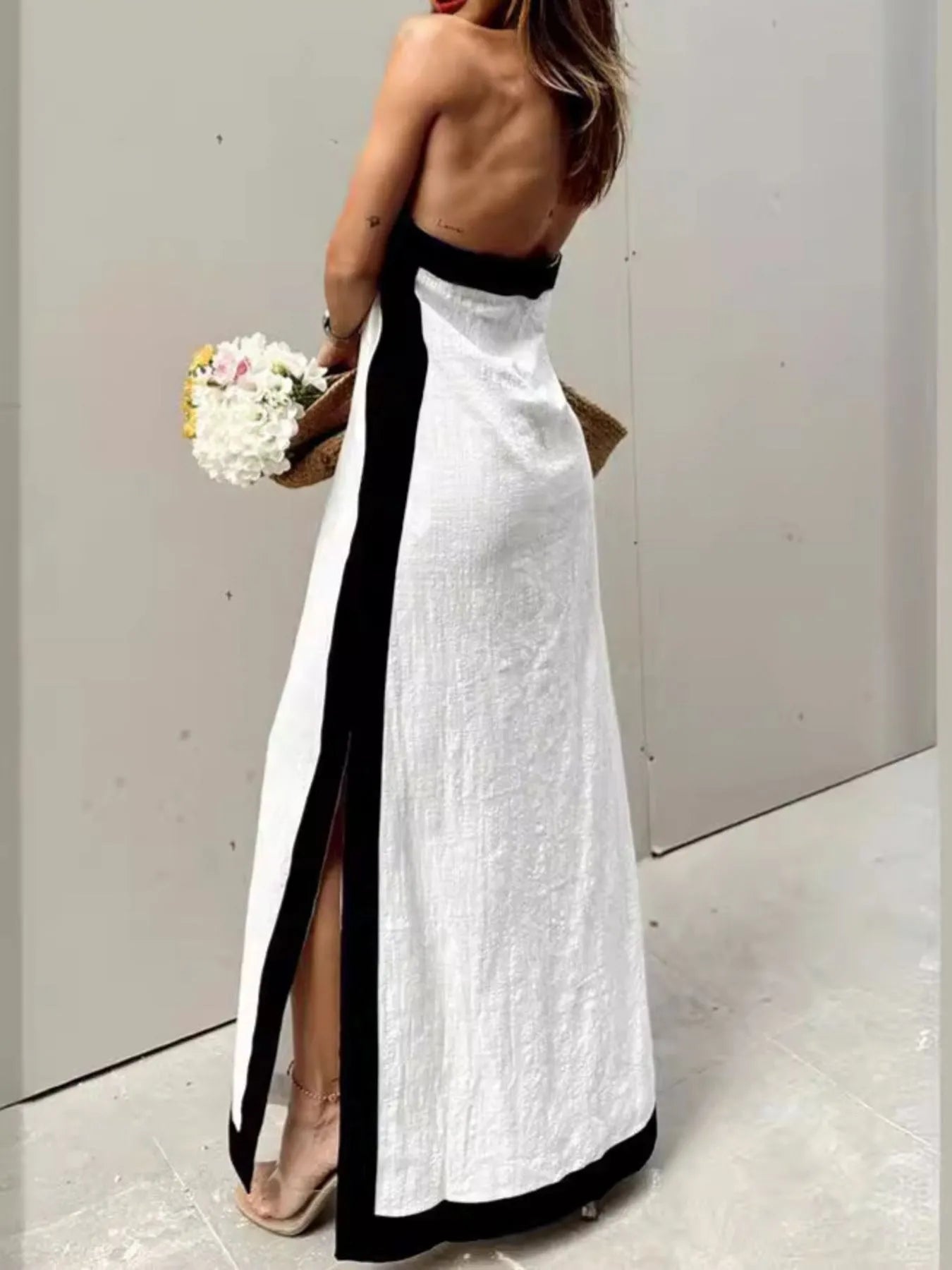 Contrast Halter Sleeveless Maxi Dress - adritiX