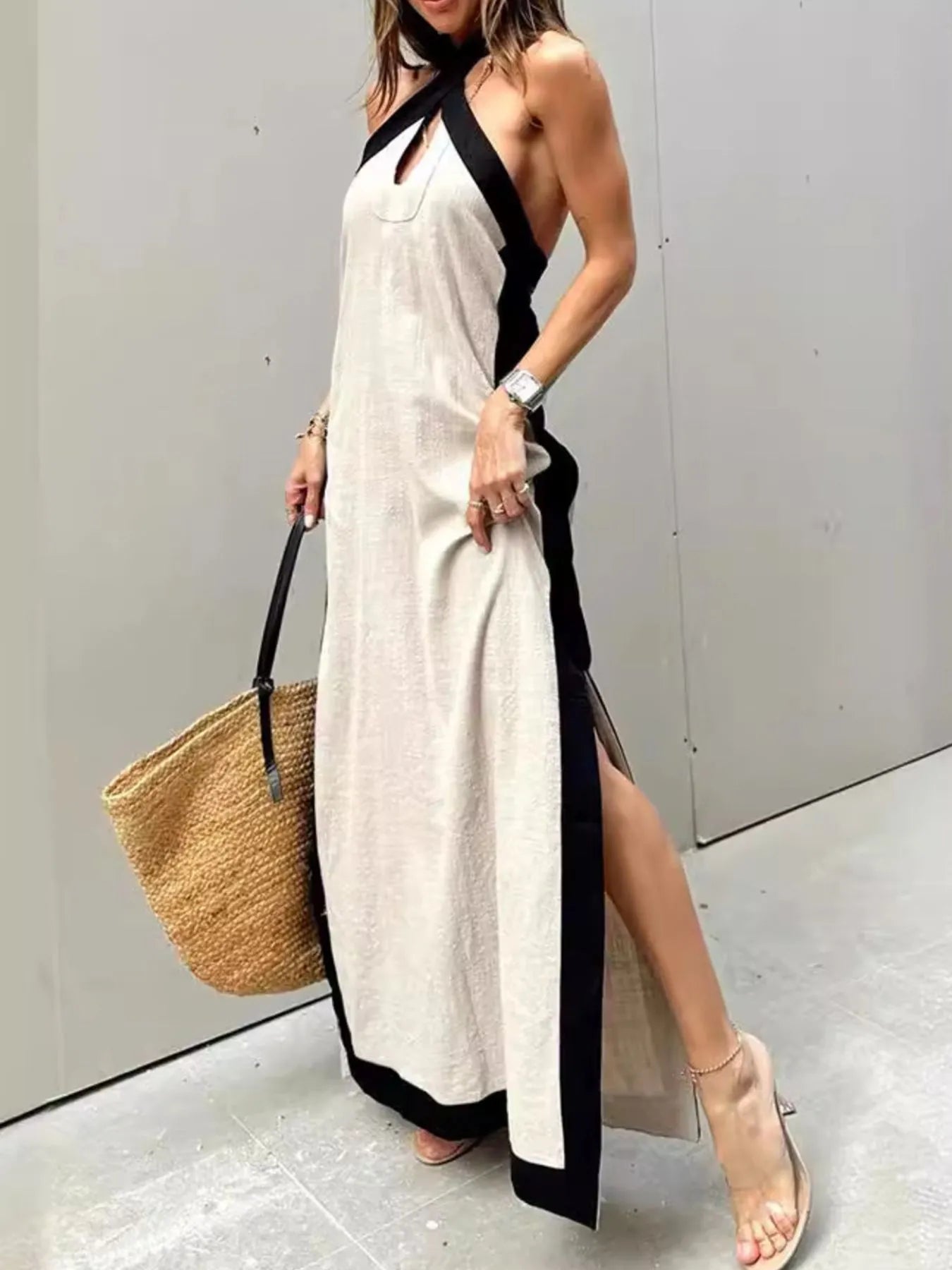 Contrast Halter Sleeveless Maxi Dress - adritiX