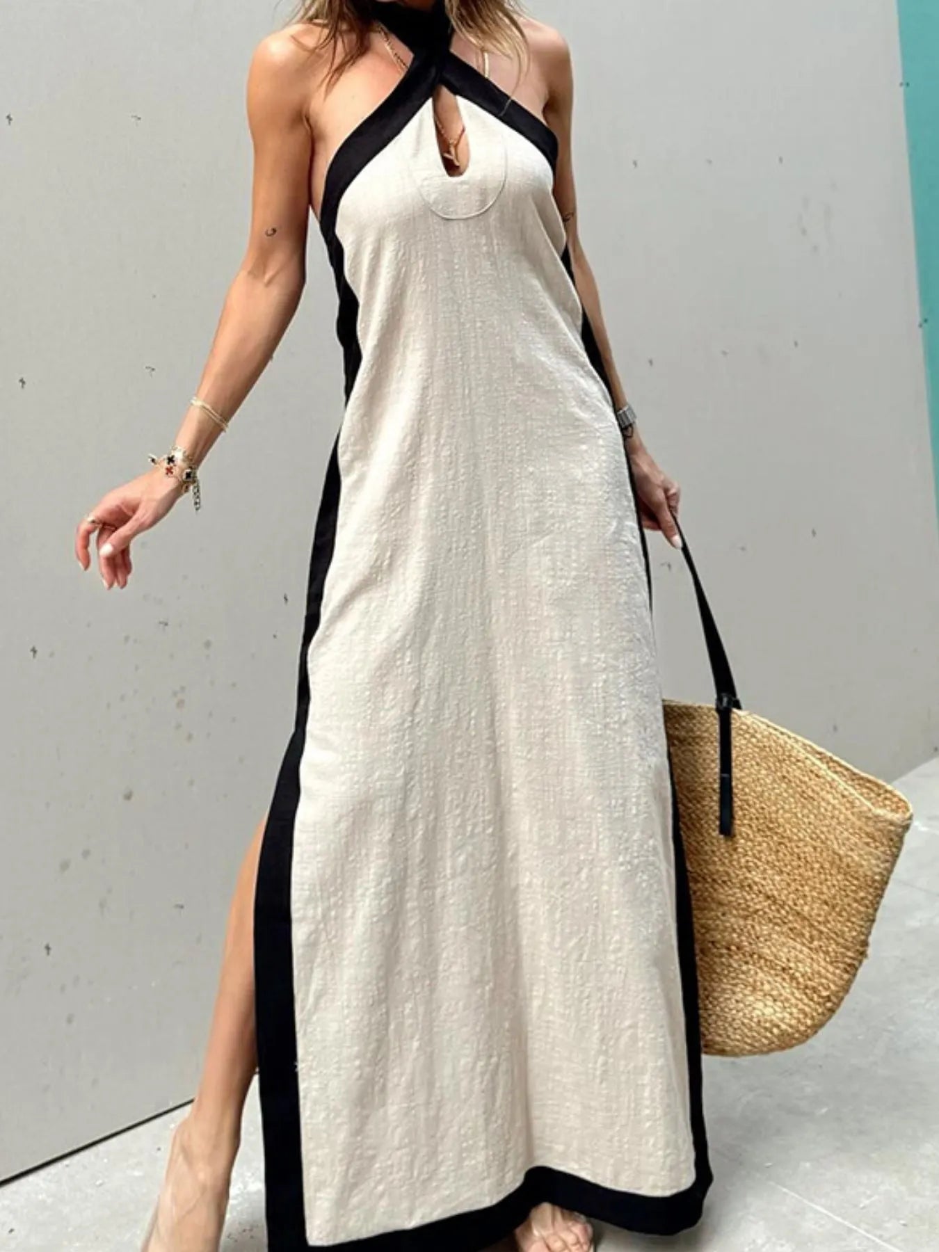 Contrast Halter Sleeveless Maxi Dress - adritiX