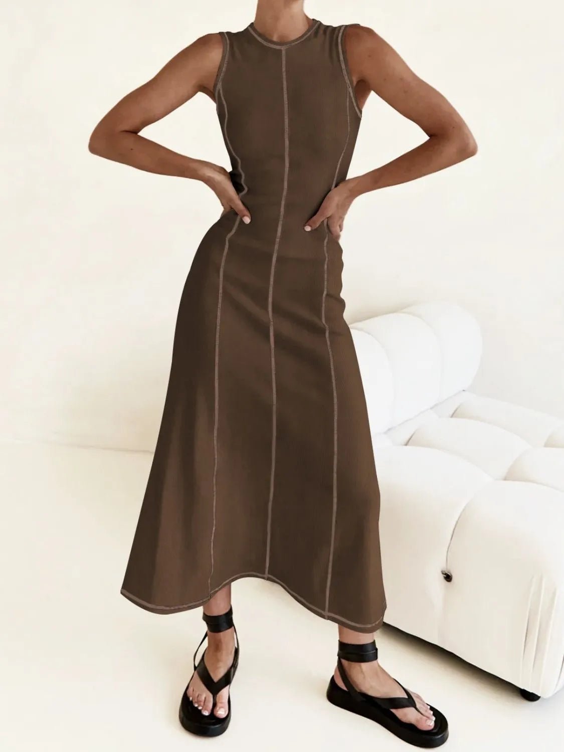 Contrast Stitching Round Neck Sleeveless Midi Dress - adritiX