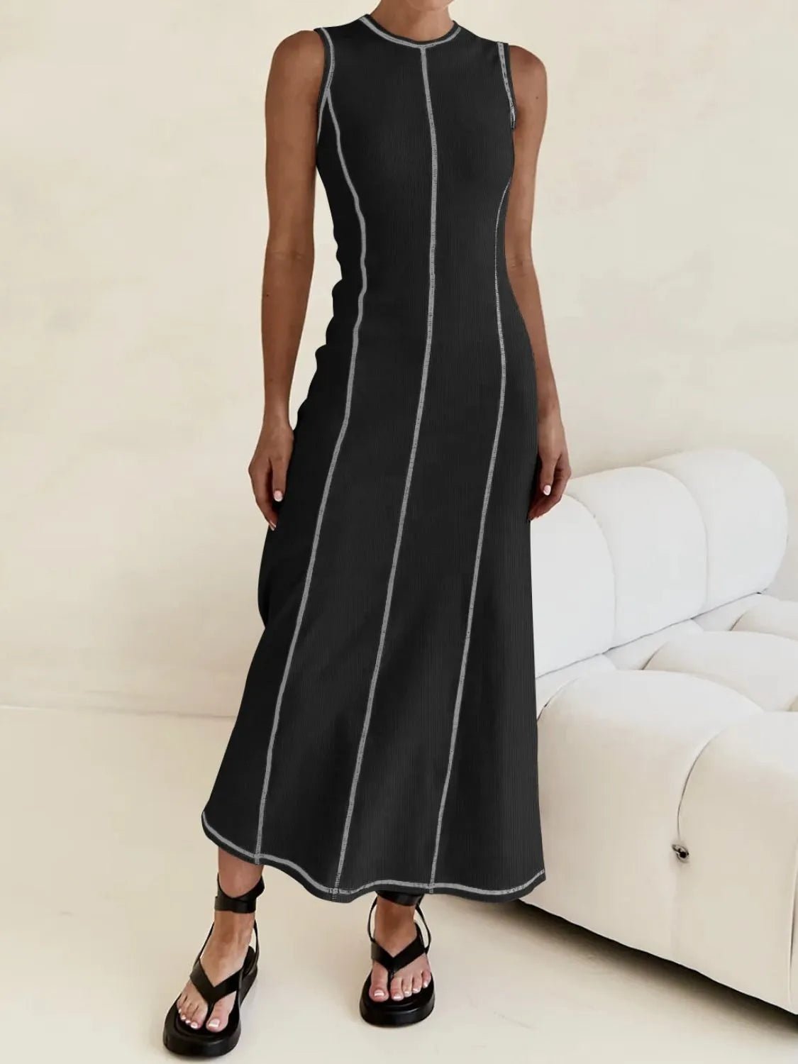 Contrast Stitching Round Neck Sleeveless Midi Dress - adritiX
