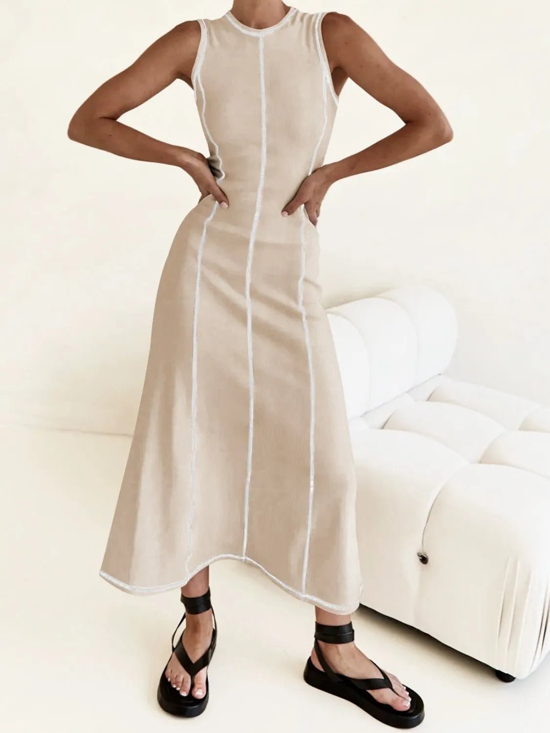 Contrast Stitching Round Neck Sleeveless Midi Dress - adritiX