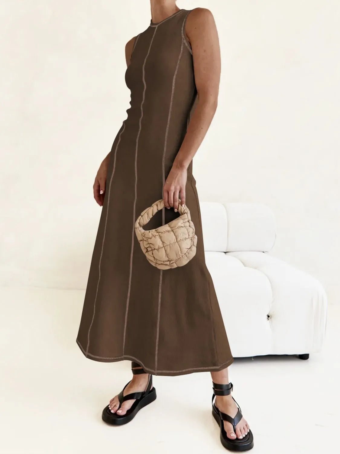 Contrast Stitching Round Neck Sleeveless Midi Dress - adritiX