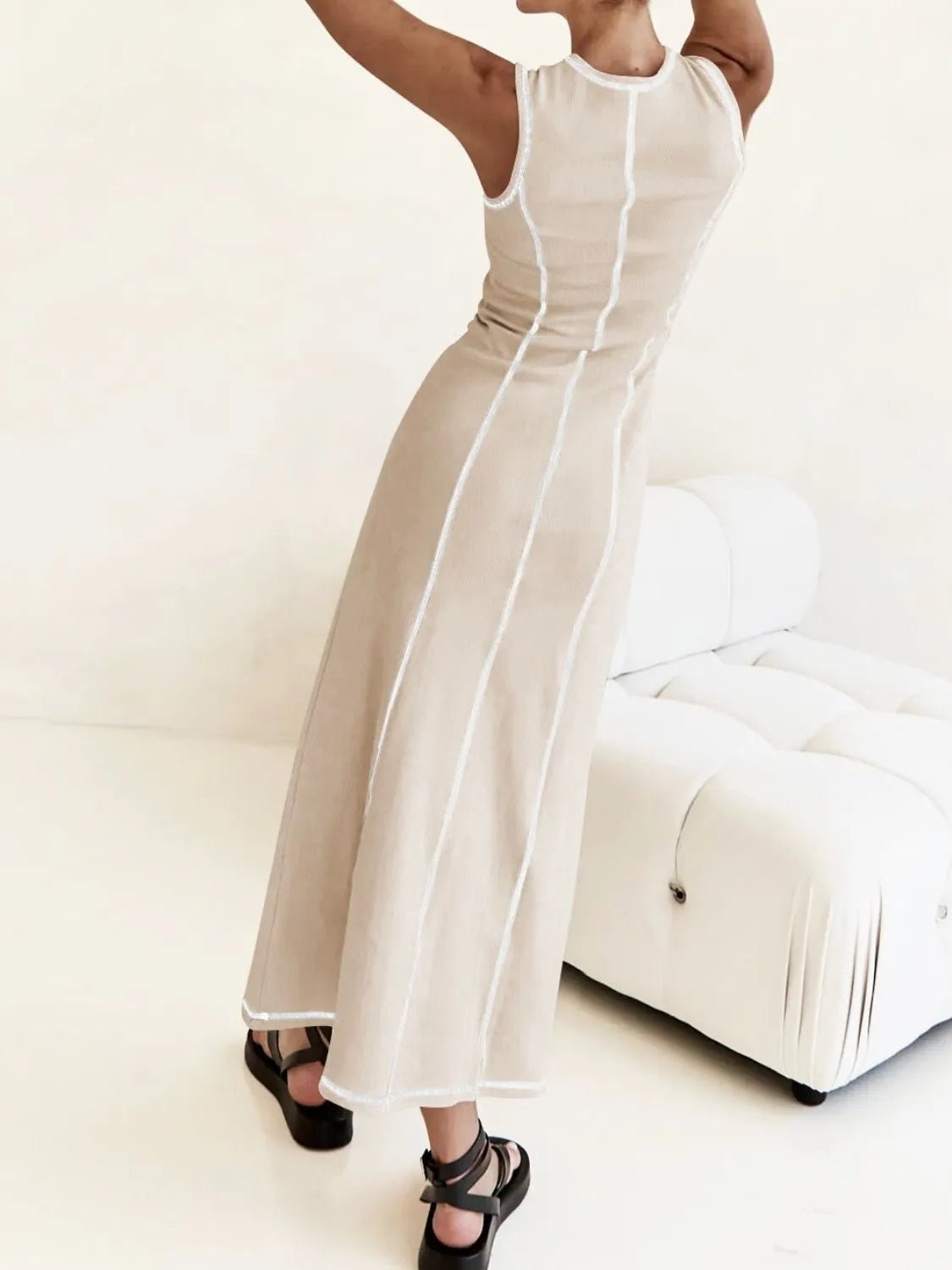 Contrast Stitching Round Neck Sleeveless Midi Dress - adritiX