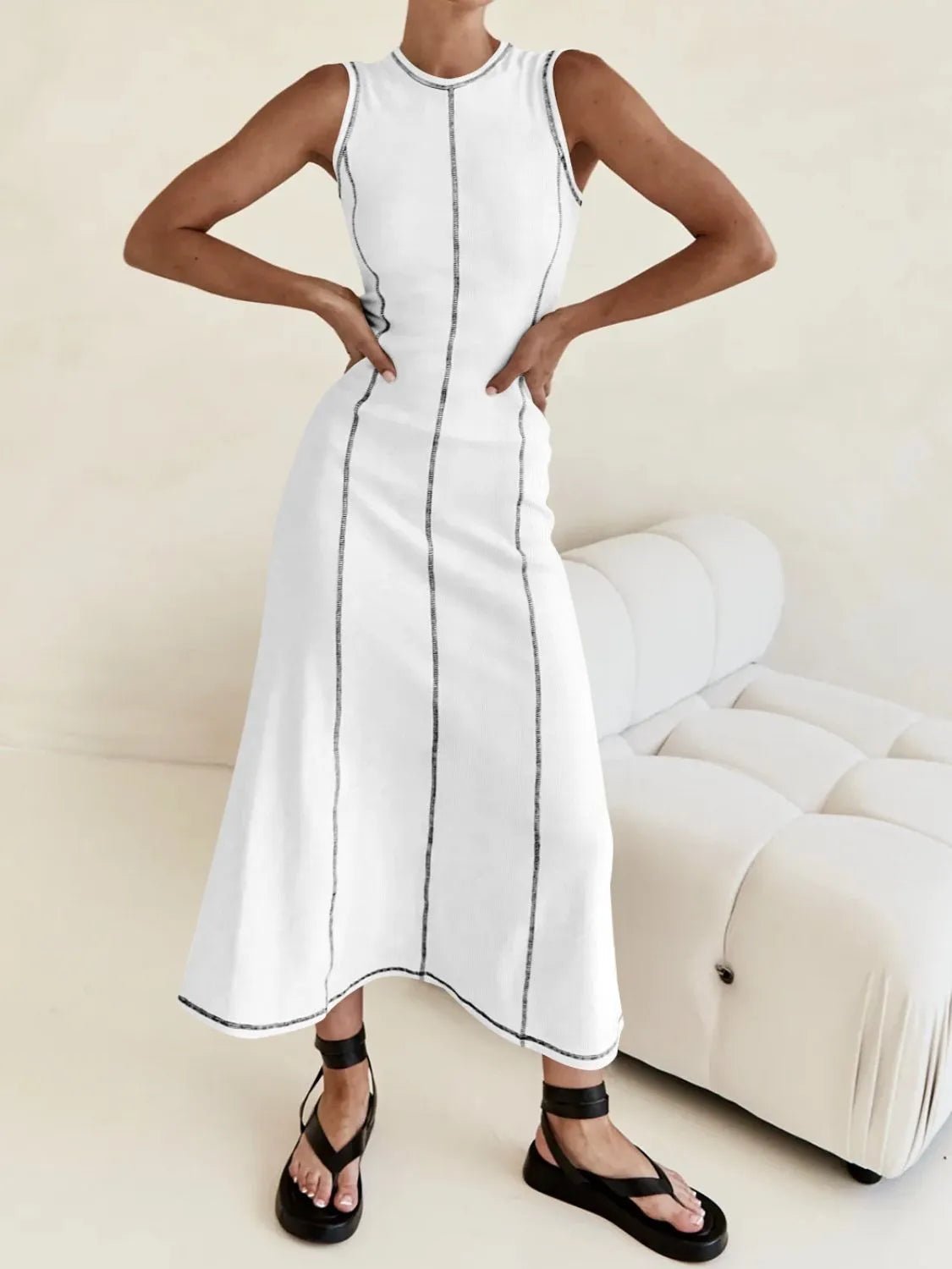 Contrast Stitching Round Neck Sleeveless Midi Dress - adritiX