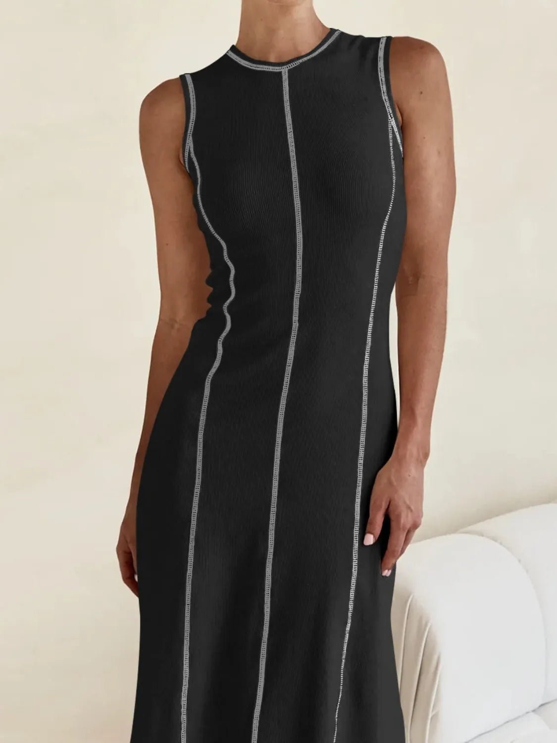 Contrast Stitching Round Neck Sleeveless Midi Dress - adritiX
