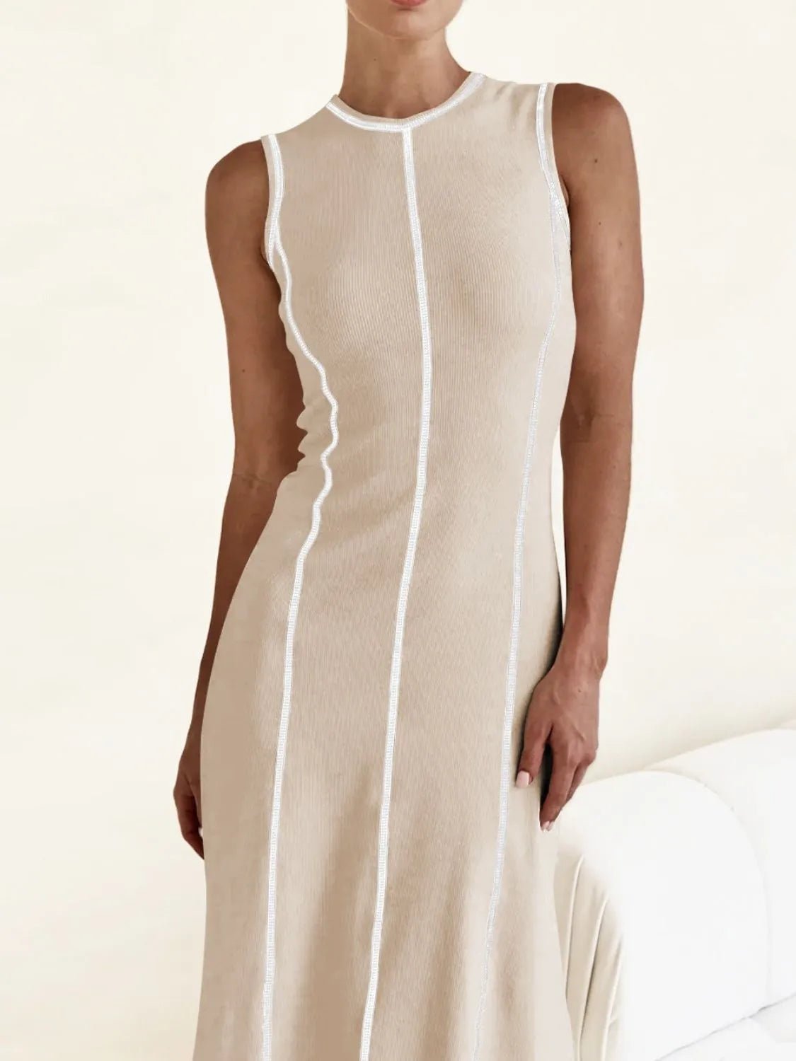 Contrast Stitching Round Neck Sleeveless Midi Dress - adritiX