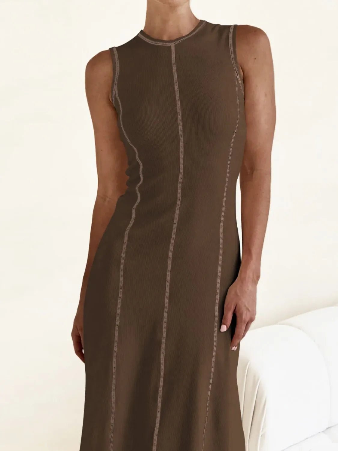 Contrast Stitching Round Neck Sleeveless Midi Dress - adritiX