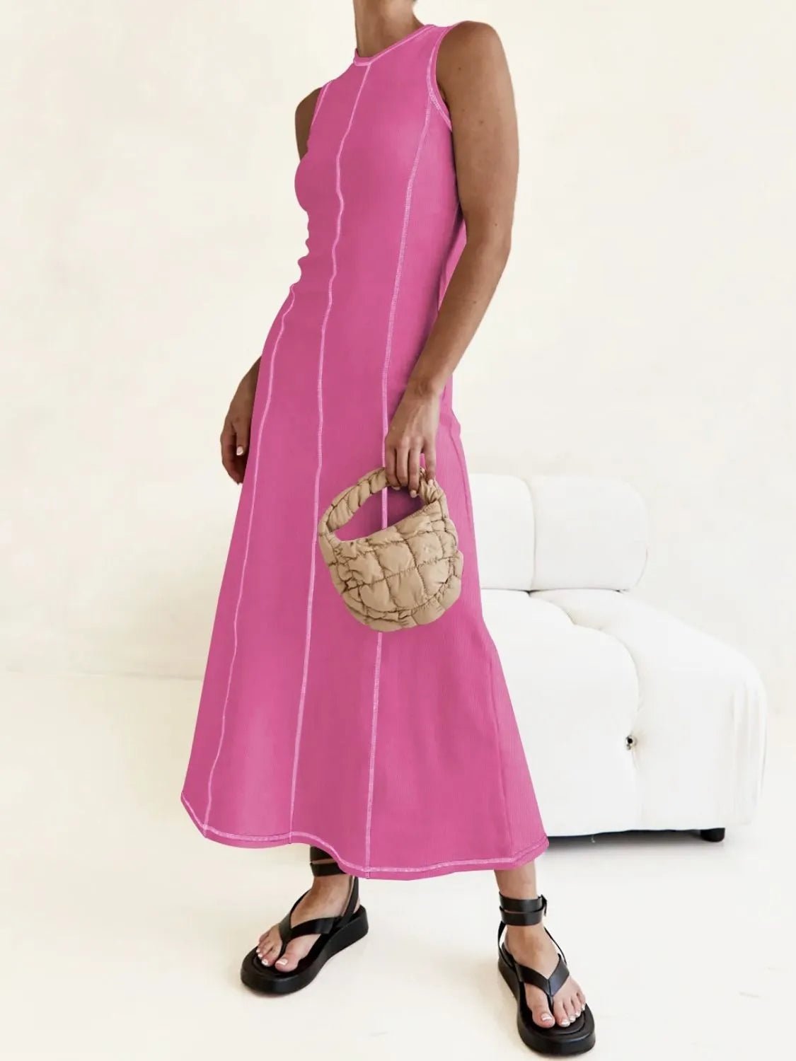 Contrast Stitching Round Neck Sleeveless Midi Dress - adritiX