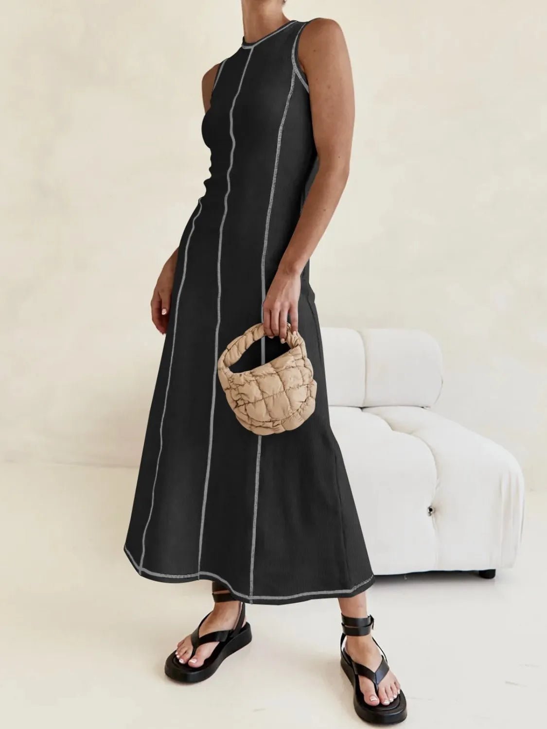 Contrast Stitching Round Neck Sleeveless Midi Dress - adritiX