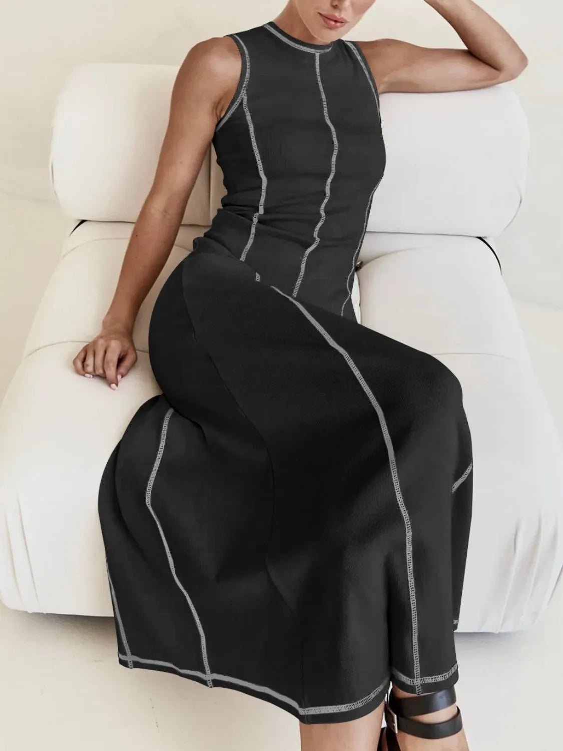 Contrast Stitching Round Neck Sleeveless Midi Dress - adritiX