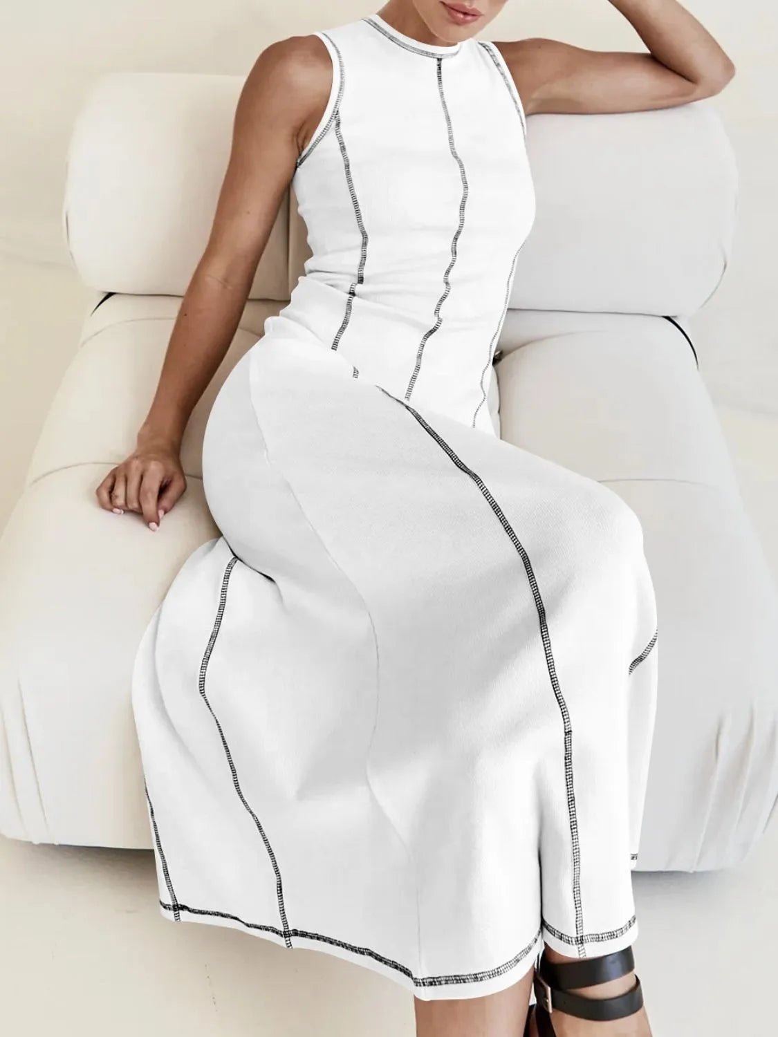 Contrast Stitching Round Neck Sleeveless Midi Dress - adritiX