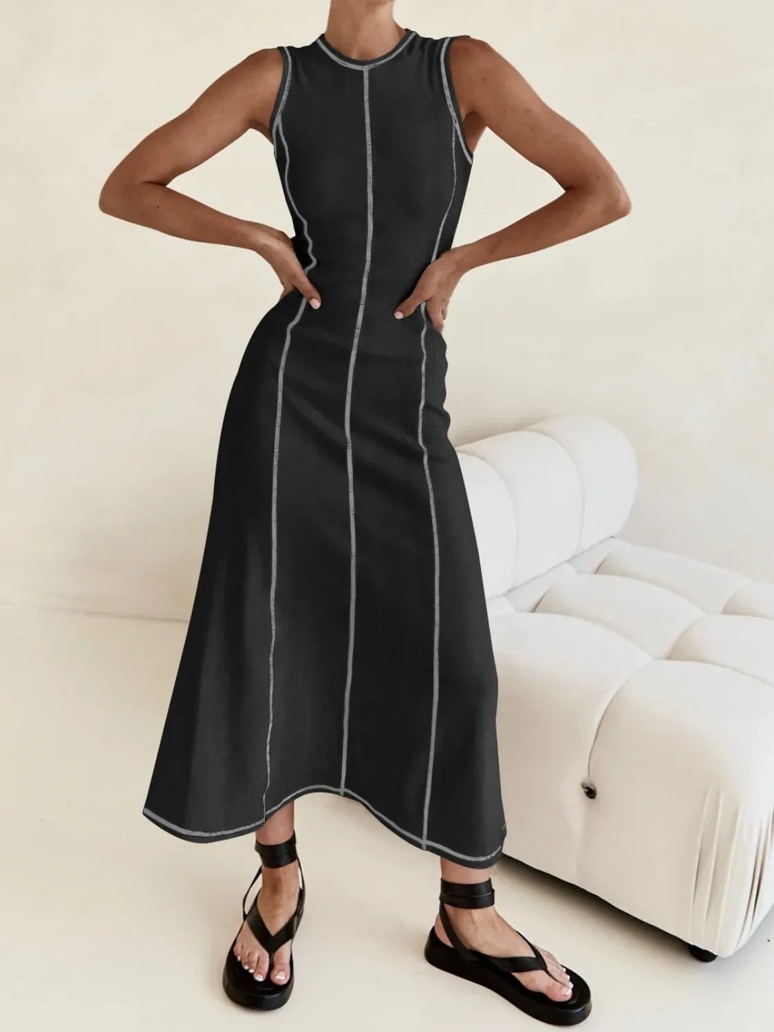 Contrast Stitching Round Neck Sleeveless Midi Dress - adritiX