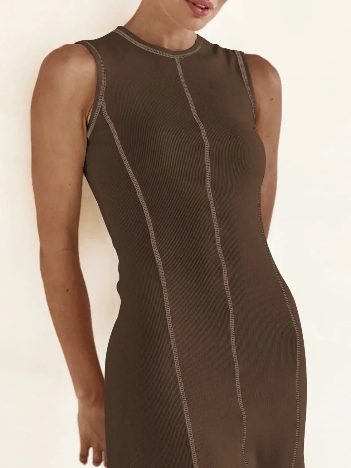 Contrast Stitching Round Neck Sleeveless Midi Dress - adritiX