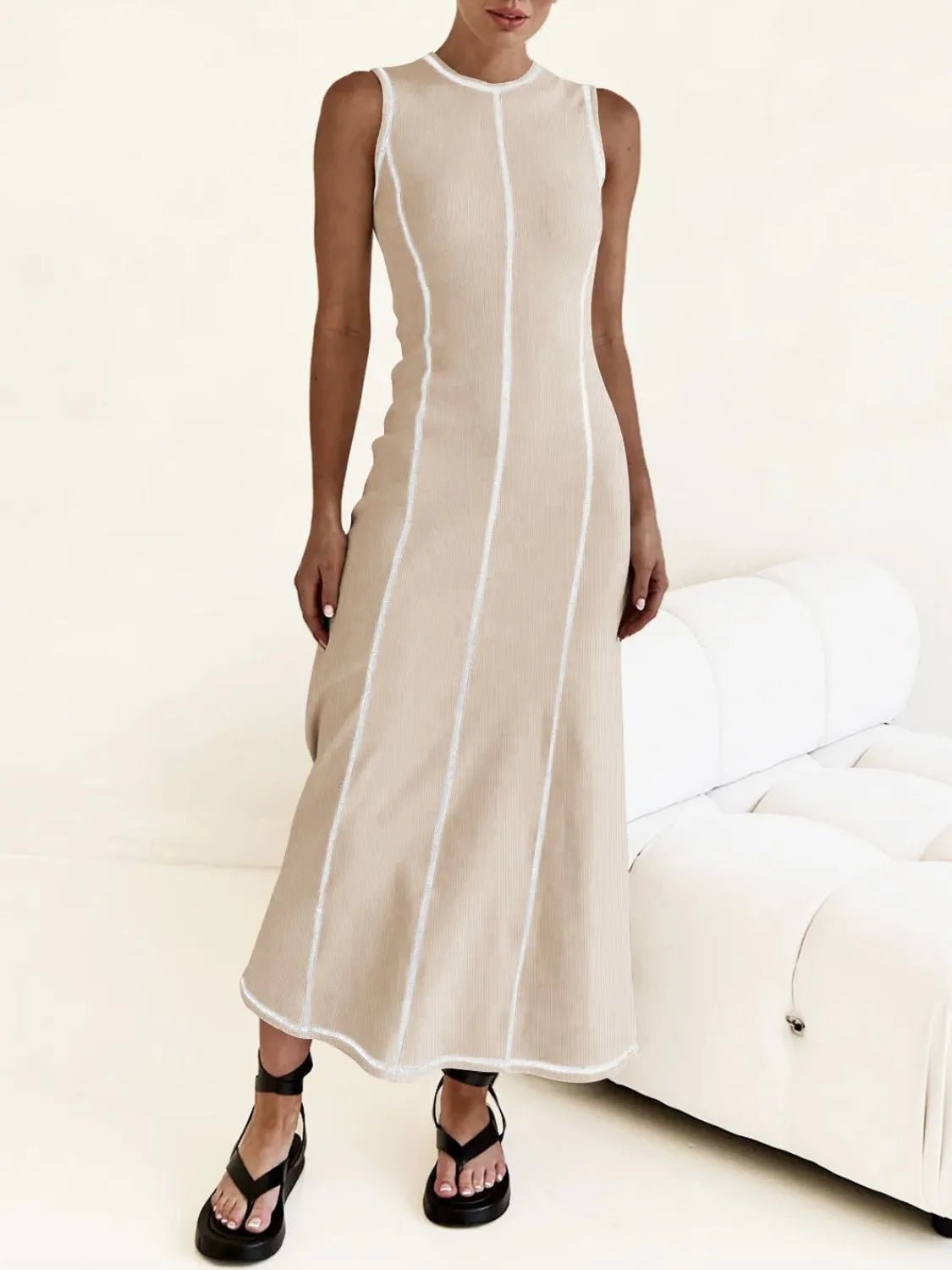 Contrast Stitching Round Neck Sleeveless Midi Dress - adritiX