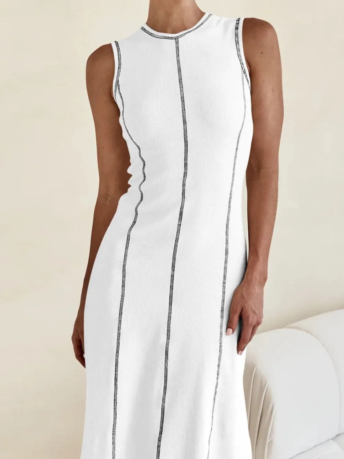 Contrast Stitching Round Neck Sleeveless Midi Dress - adritiX