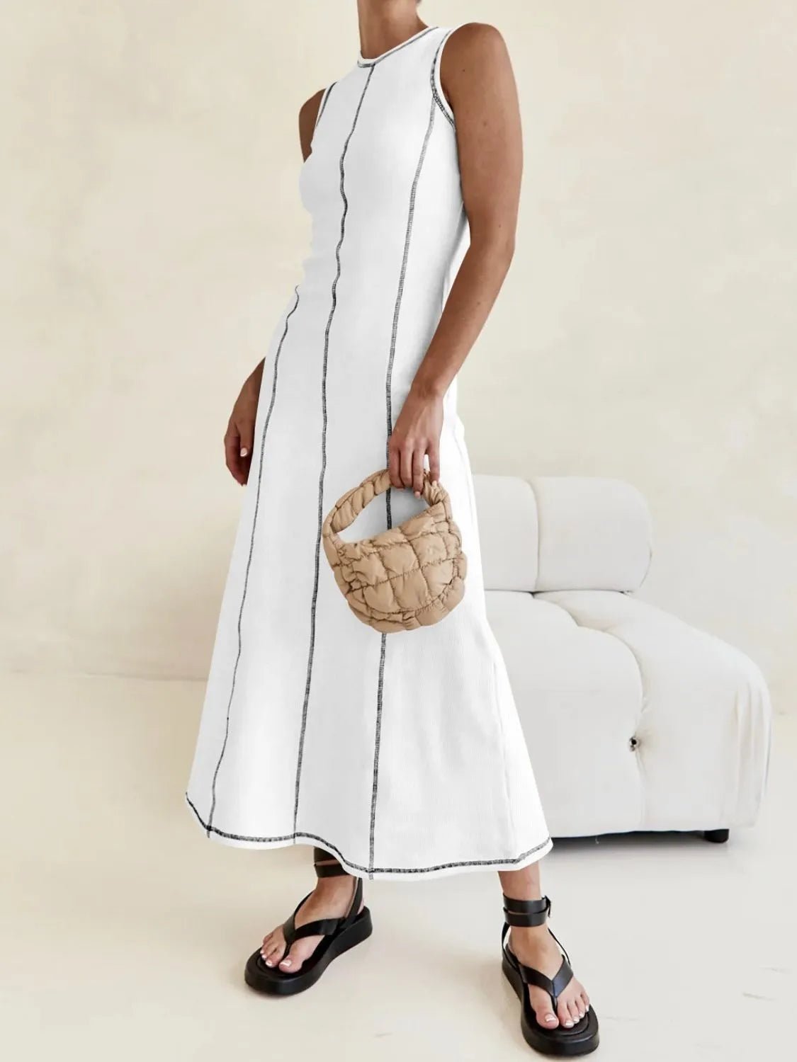 Contrast Stitching Round Neck Sleeveless Midi Dress - adritiX