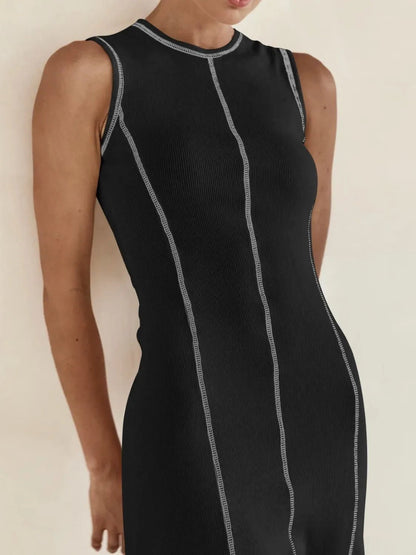 Contrast Stitching Round Neck Sleeveless Midi Dress - adritiX