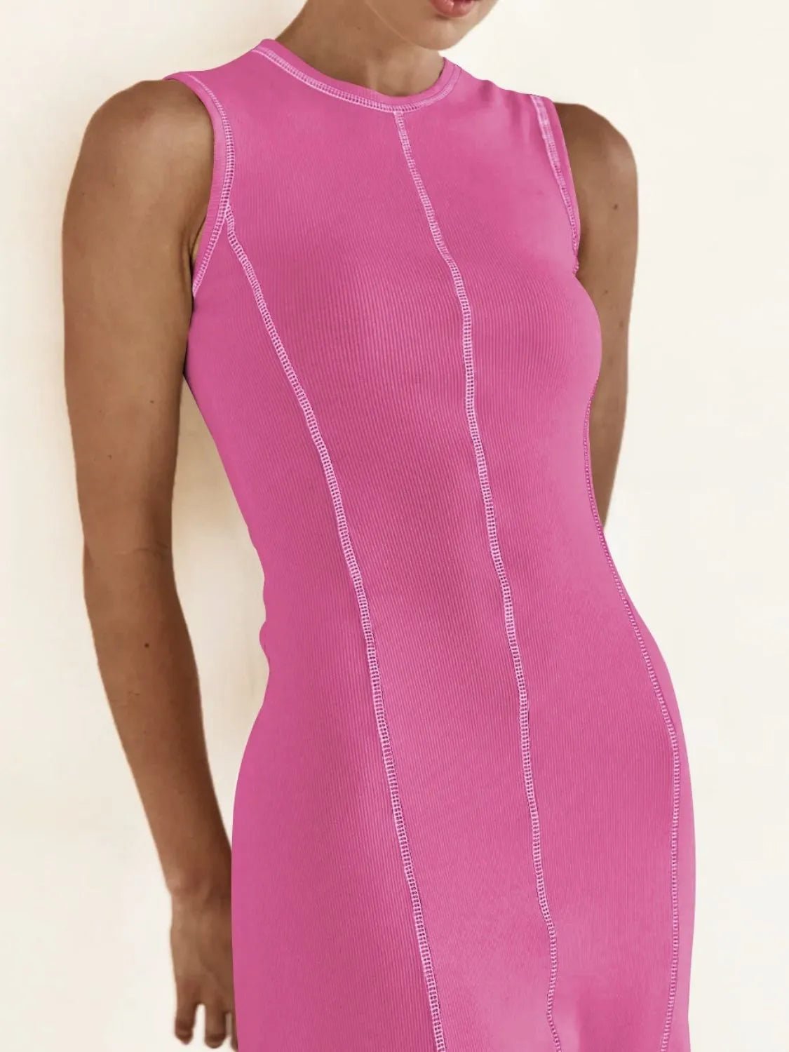 Contrast Stitching Round Neck Sleeveless Midi Dress - adritiX