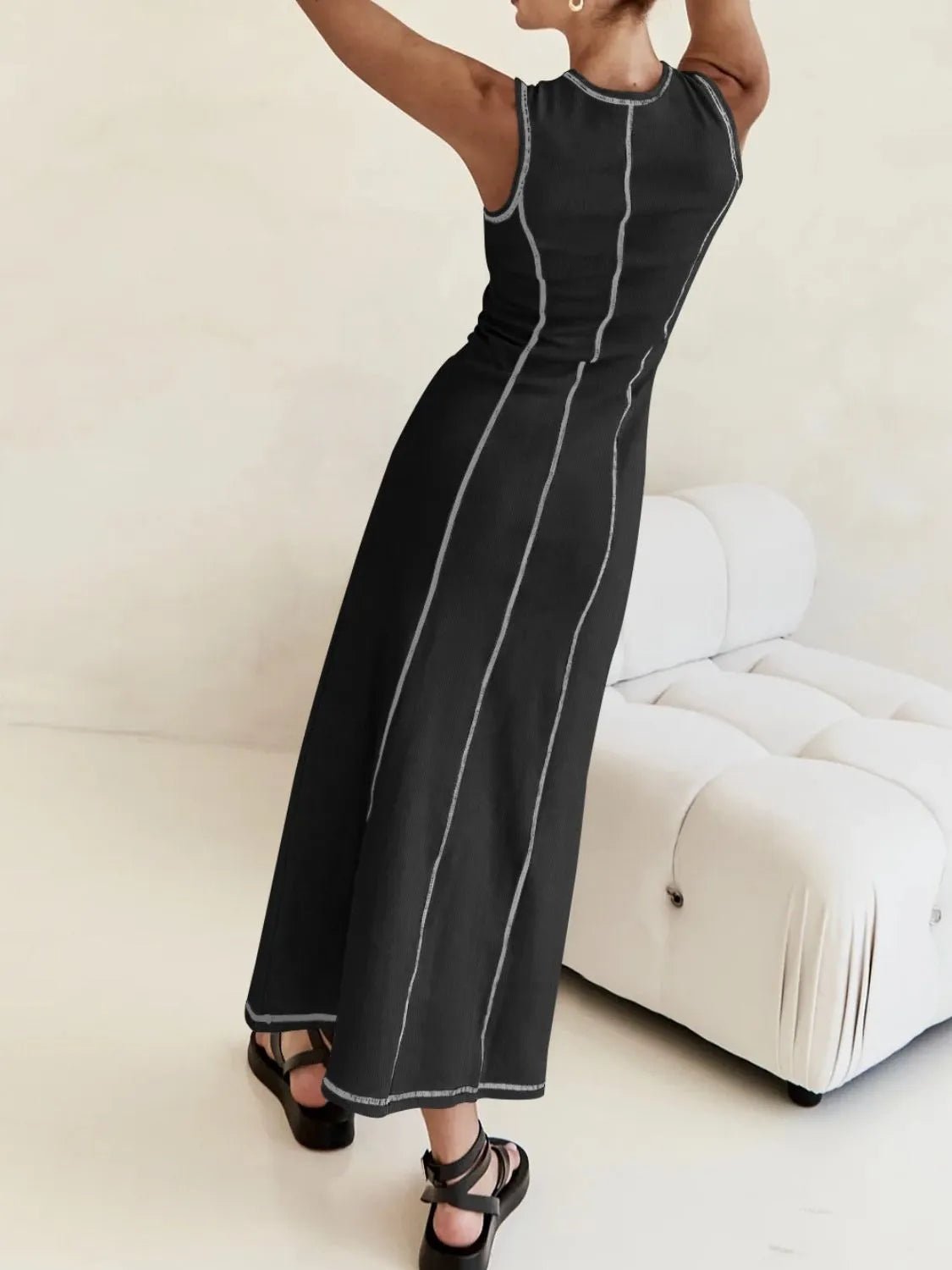 Contrast Stitching Round Neck Sleeveless Midi Dress - adritiX