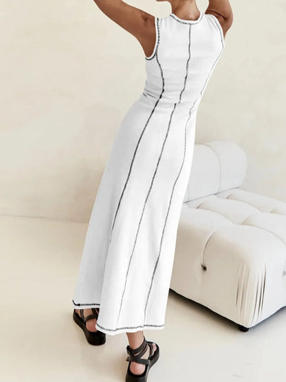 Contrast Stitching Round Neck Sleeveless Midi Dress - adritiX