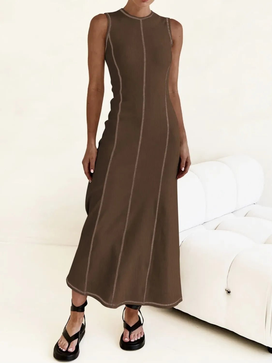 Contrast Stitching Round Neck Sleeveless Midi Dress - adritiX