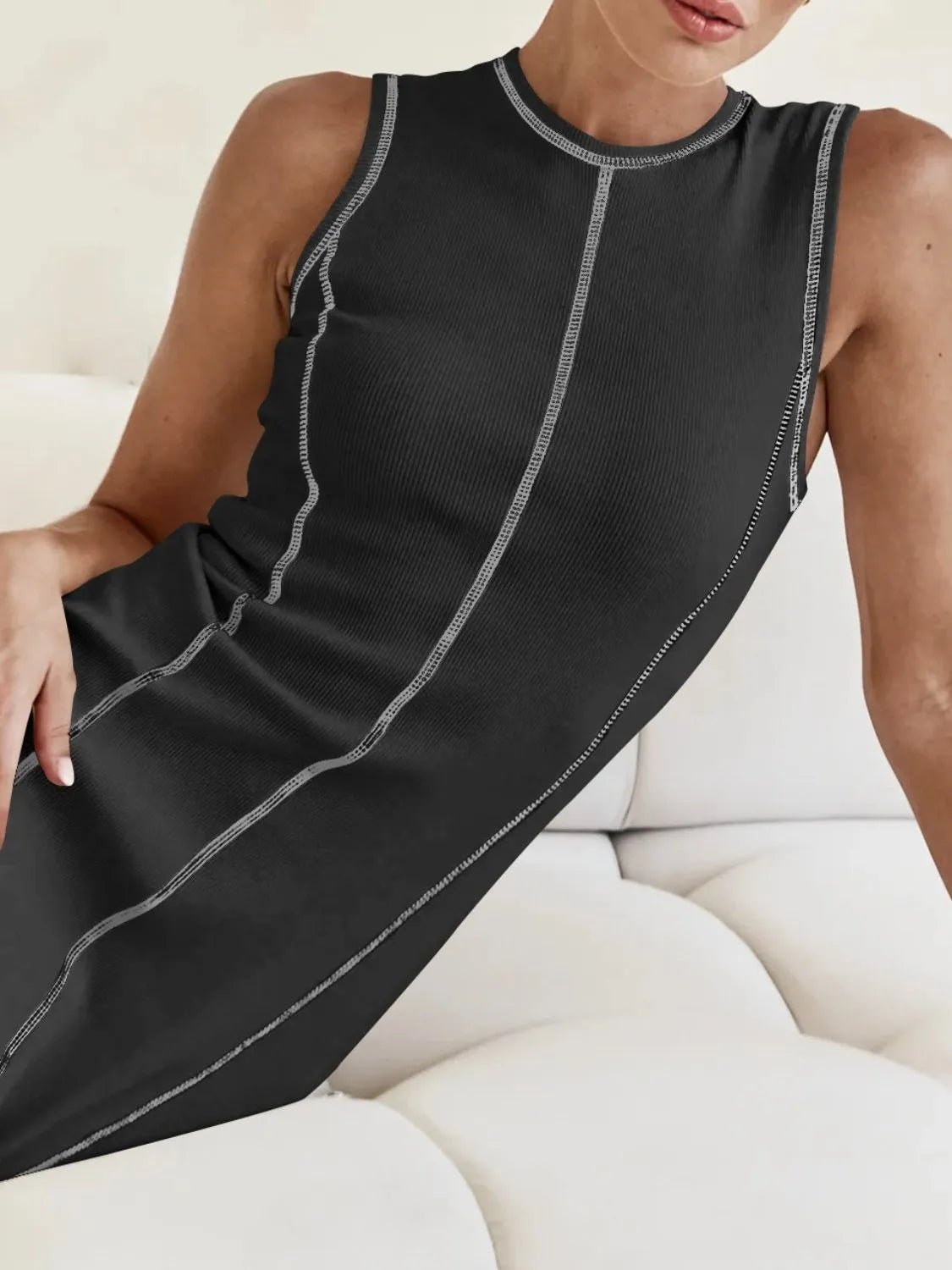 Contrast Stitching Round Neck Sleeveless Midi Dress - adritiX