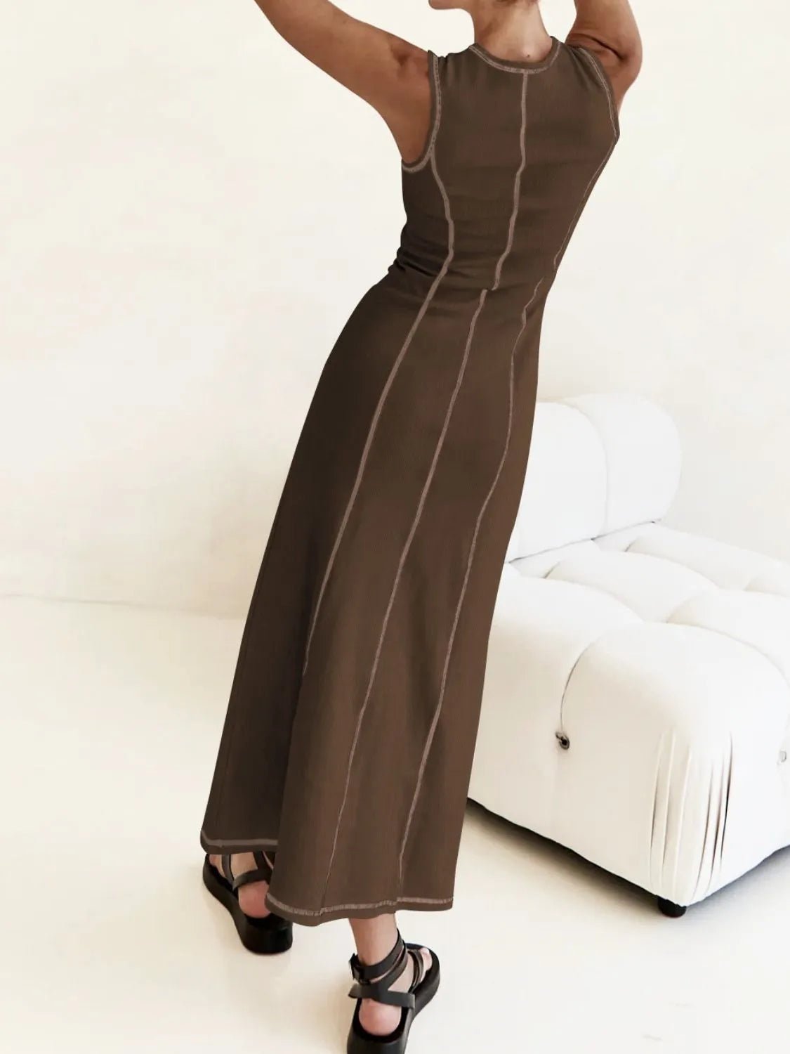 Contrast Stitching Round Neck Sleeveless Midi Dress - adritiX