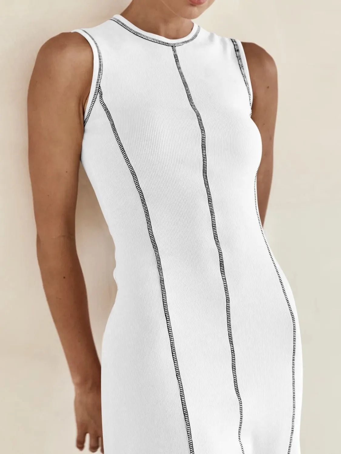Contrast Stitching Round Neck Sleeveless Midi Dress - adritiX