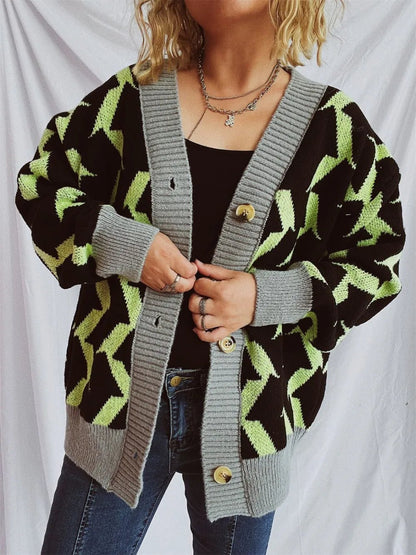 Contrast Trim Geometric V - Neck Long Sleeve Cardigan - adritiX