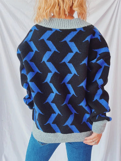 Contrast Trim Geometric V - Neck Long Sleeve Cardigan - adritiX