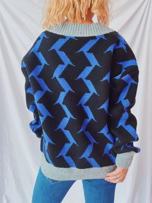 Contrast Trim Geometric V - Neck Long Sleeve Cardigan - adritiX