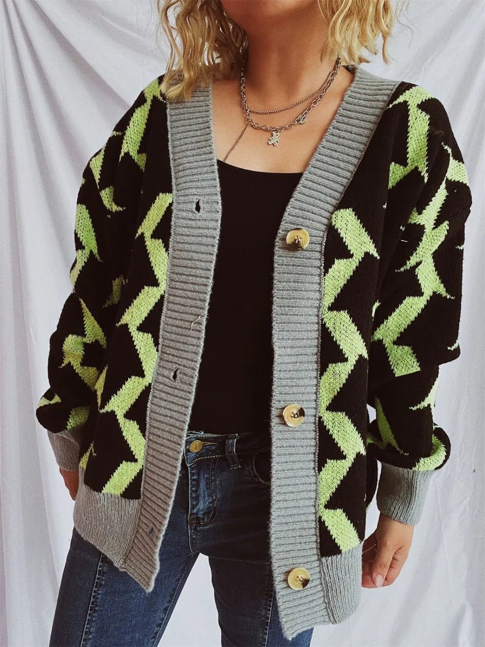Contrast Trim Geometric V - Neck Long Sleeve Cardigan - adritiX