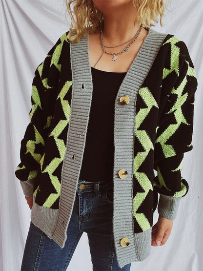 Contrast Trim Geometric V - Neck Long Sleeve Cardigan - adritiX
