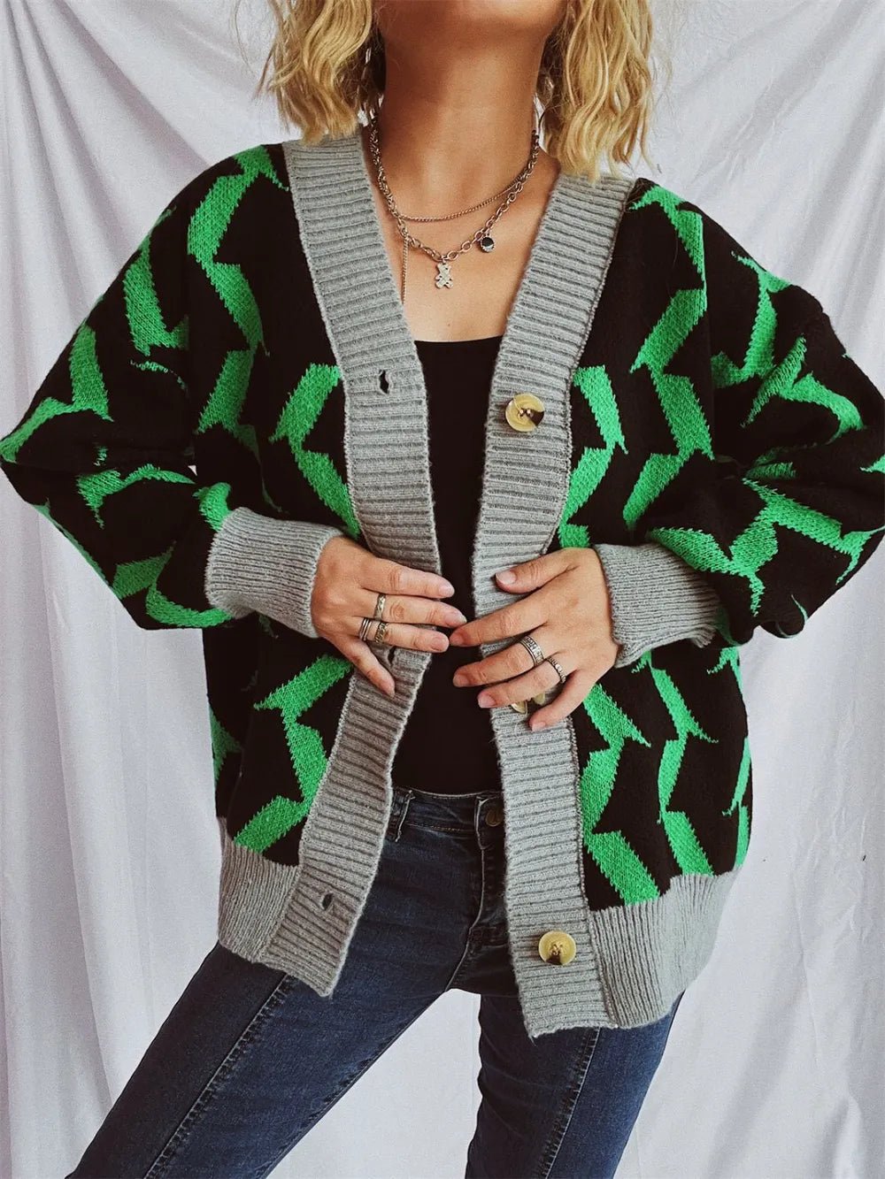 Contrast Trim Geometric V - Neck Long Sleeve Cardigan - adritiX