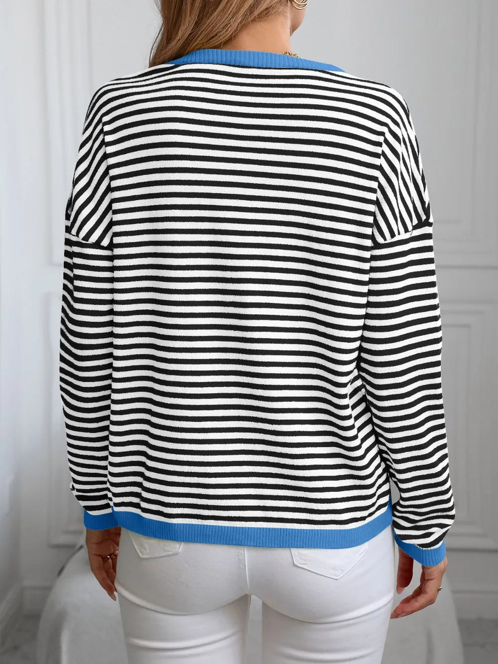 Contrast Trim Striped V - Neck Long Sleeve Knit Top - adritiX