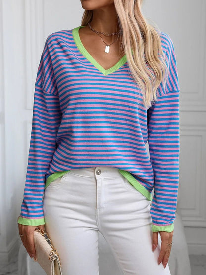 Contrast Trim Striped V - Neck Long Sleeve Knit Top - adritiX