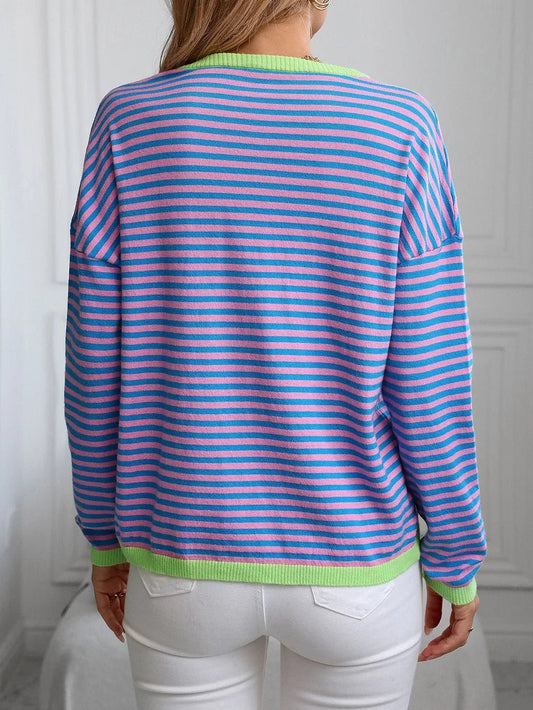 Contrast Trim Striped V - Neck Long Sleeve Knit Top - adritiX