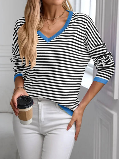 Contrast Trim Striped V - Neck Long Sleeve Knit Top - adritiX