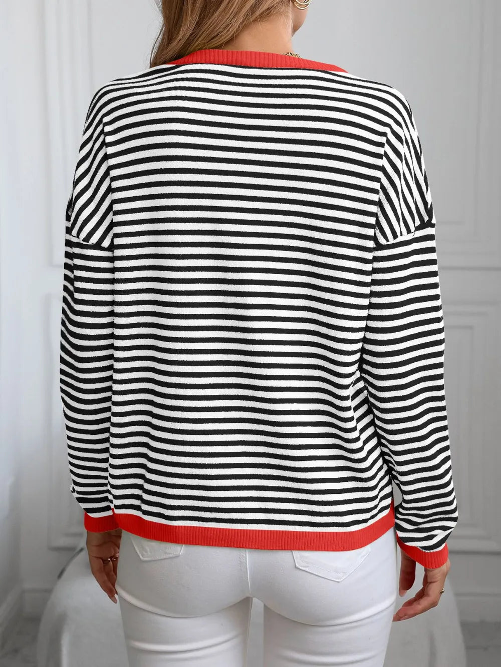 Contrast Trim Striped V - Neck Long Sleeve Knit Top - adritiX