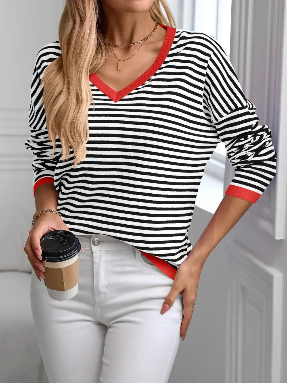 Contrast Trim Striped V - Neck Long Sleeve Knit Top - adritiX