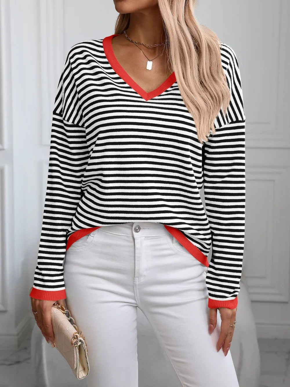 Contrast Trim Striped V - Neck Long Sleeve Knit Top - adritiX