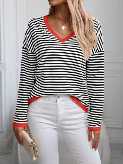 Contrast Trim Striped V - Neck Long Sleeve Knit Top - adritiX