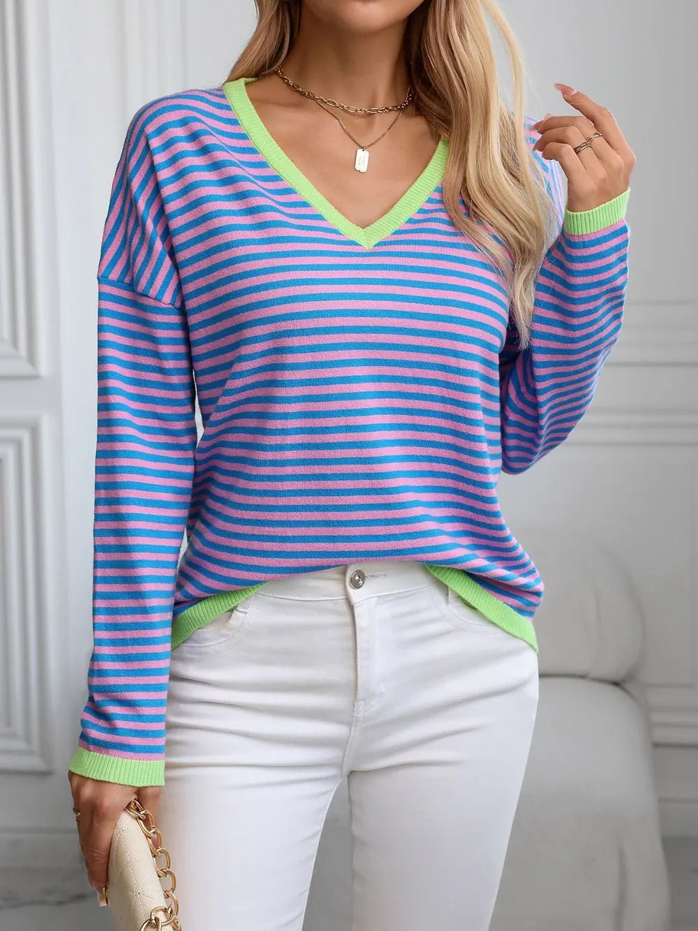 Contrast Trim Striped V - Neck Long Sleeve Knit Top - adritiX