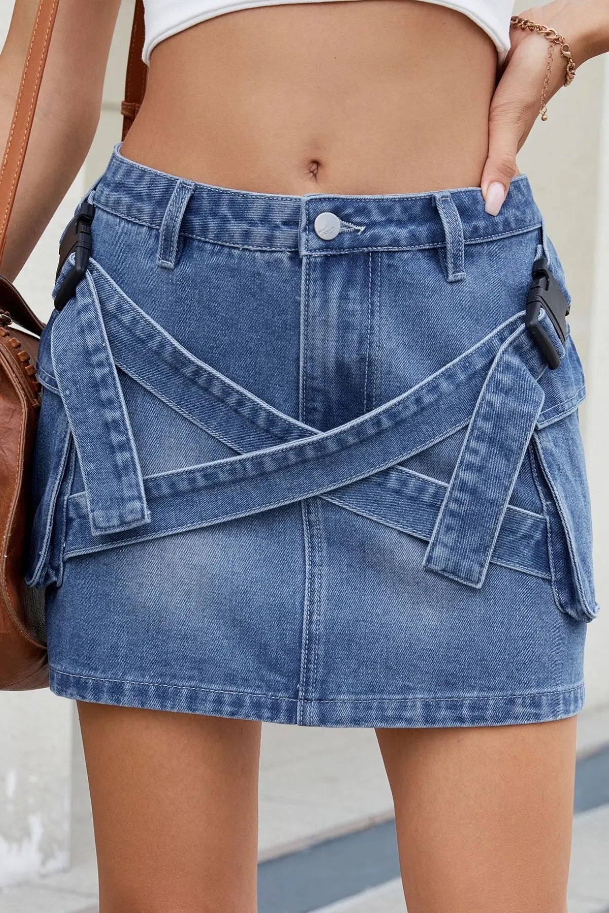 Criss - Cross Waist Detail Denim Mini Skirt - adritiX