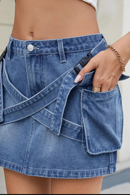Criss - Cross Waist Detail Denim Mini Skirt - adritiX