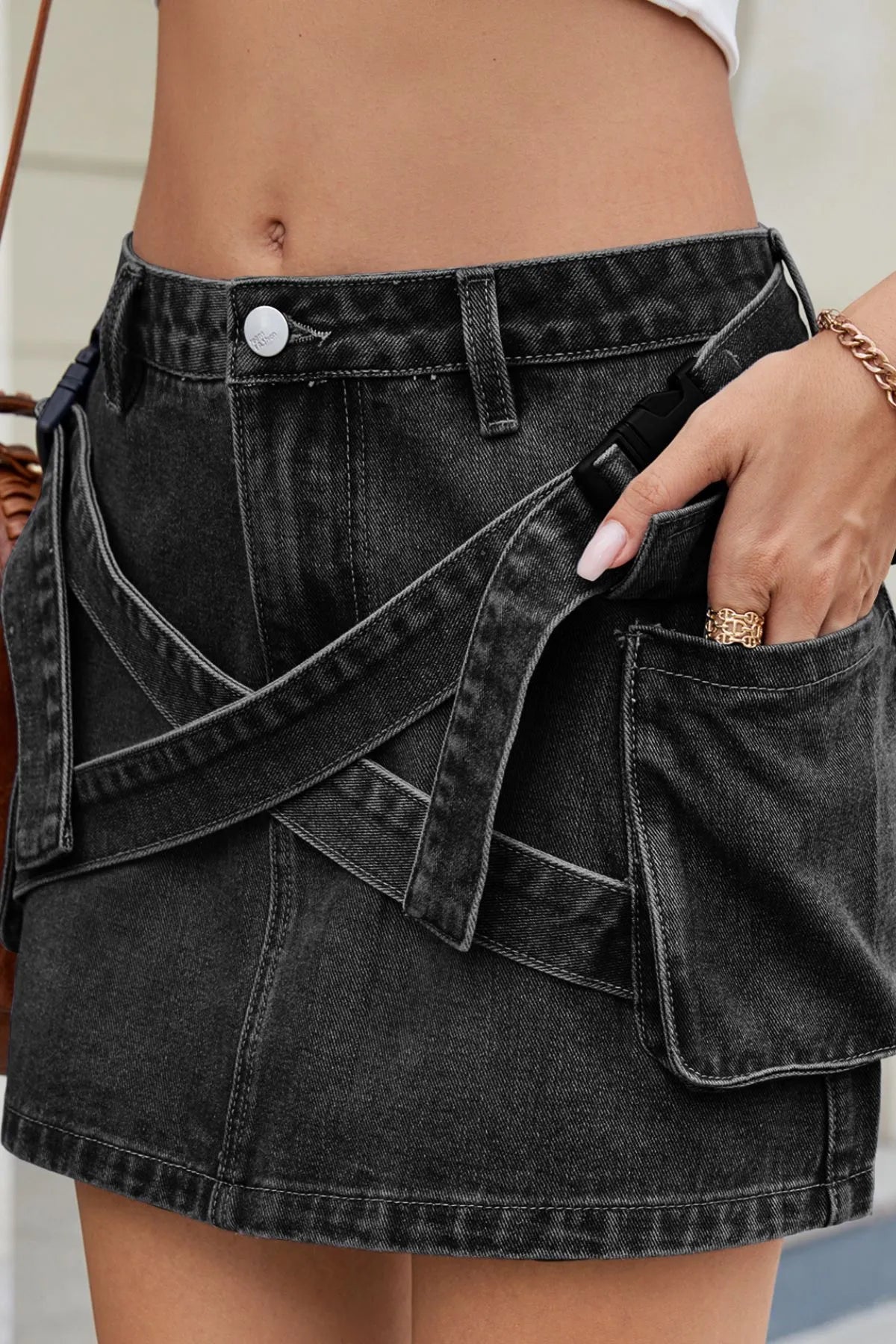 Criss - Cross Waist Detail Denim Mini Skirt - adritiX